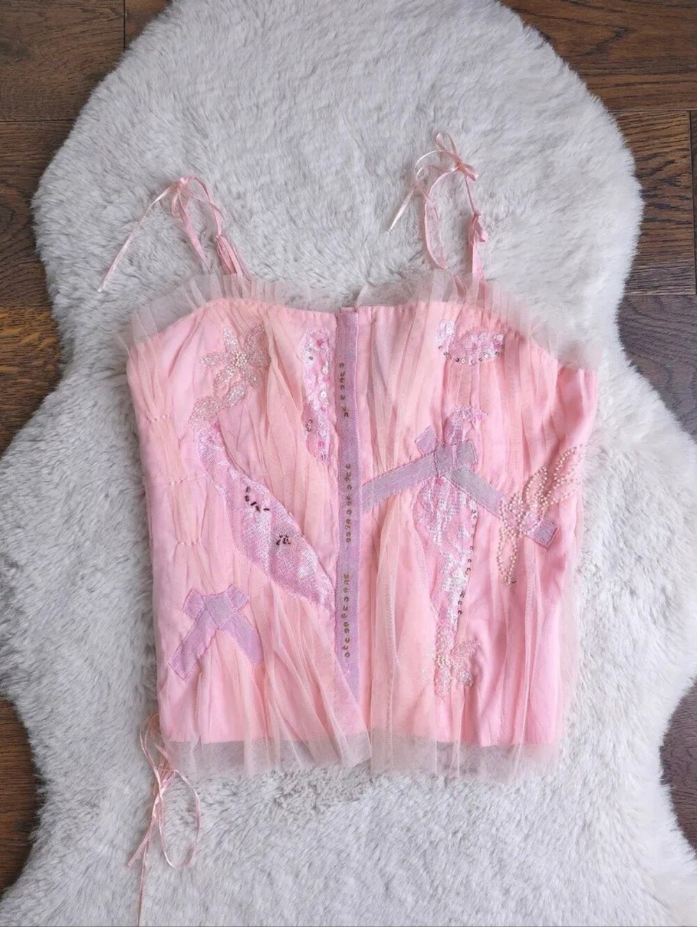 Y2K Hannah Montanna Deadstock Pink Bow Beaded Corset Sequin Top